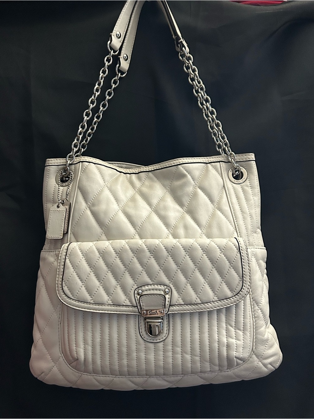 Coach Quilted White Shoulder Tote Bag with Chain Straps & Wallet